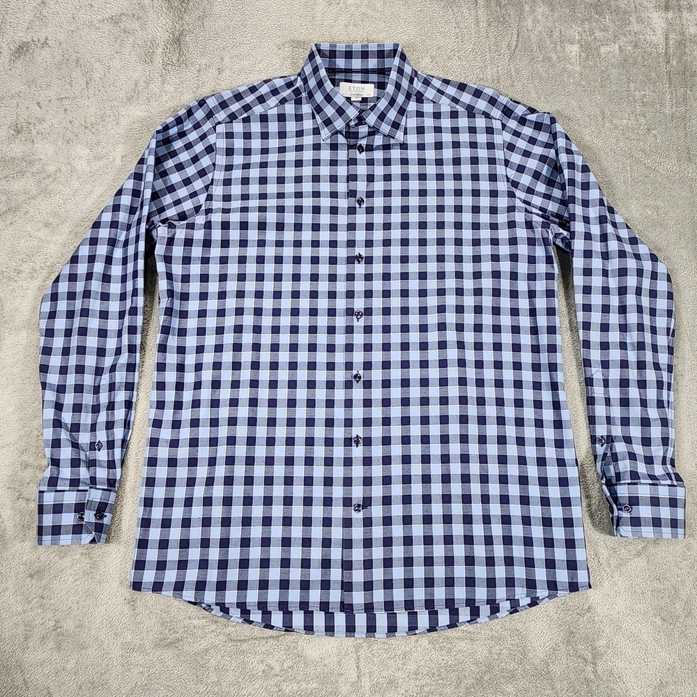 Eton Dress Shirt Mens 17.5 44 Blue Gingham Check Contemporary Cotton Long Sleeve